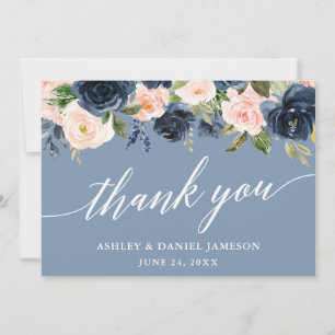 Carte De Remerciements Calligraphie Dusty bleu rose Mariage floral
