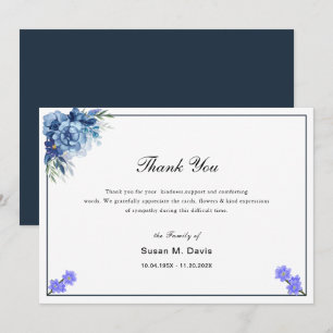 Carte De Remerciements calligraphie élégante bleu floral funérailles