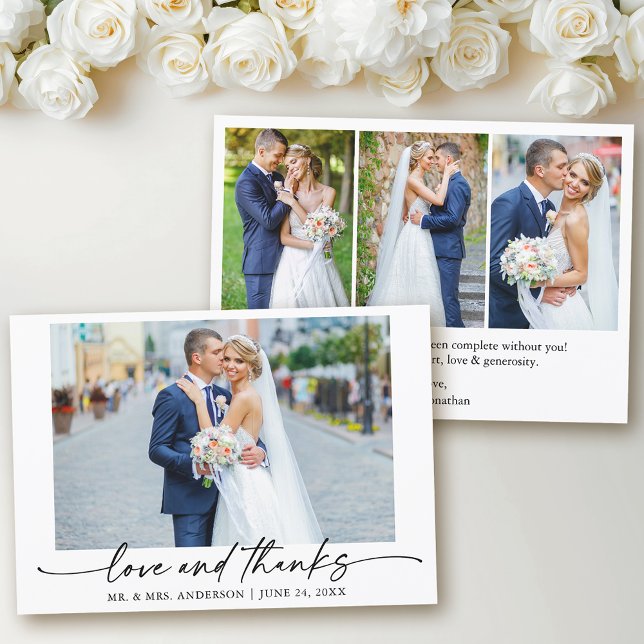 Carte De Remerciements Calligraphie encre stylo Love 4 Photos Mariage (Customize to change your personalized text size or text style.)