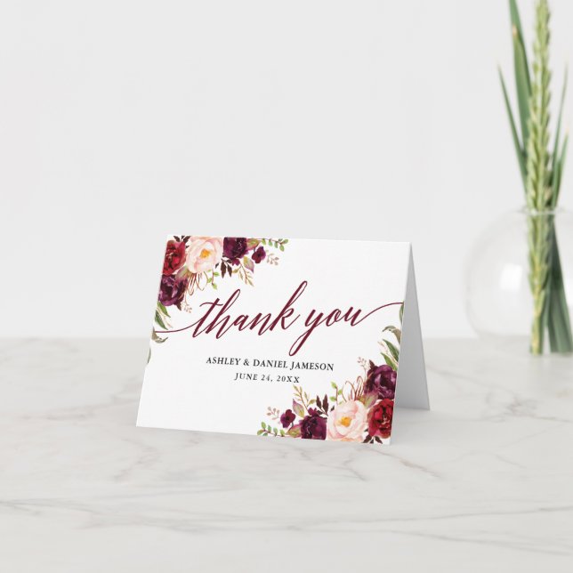 Carte De Remerciements Calligraphie Floral Bourgogne Mariage Note (Devant)
