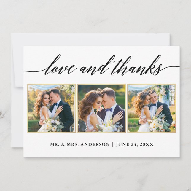 Carte De Remerciements Calligraphie Gold Frame Love Thanks Mariage 3 Phot (Devant)
