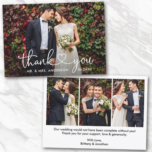 Carte De Remerciements Calligraphie Heart Mariage Mariée Groom 4 Photo (Customize to change your personalized text size or text style.)