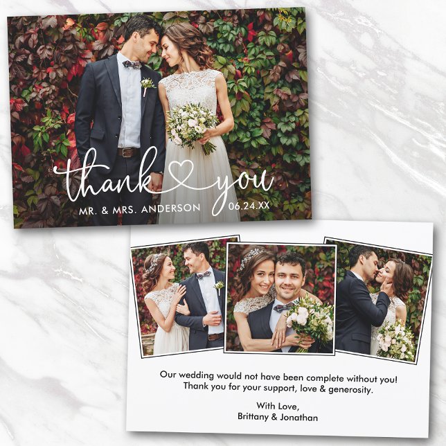 Carte De Remerciements Calligraphie Heart Mariage Mariée Groom 4 Photos (Customize to change your personalized text size or text style.)