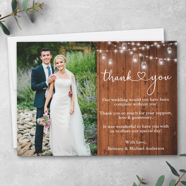 Carte De Remerciements Calligraphie Heart Wood Jar Lumières Mariage (Customize to add more text or photos to back of card.)