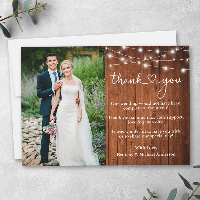 Carte De Remerciements Calligraphie Heart Wood Lights Mariage Photo (Customize to add text or more photos to back of card.)