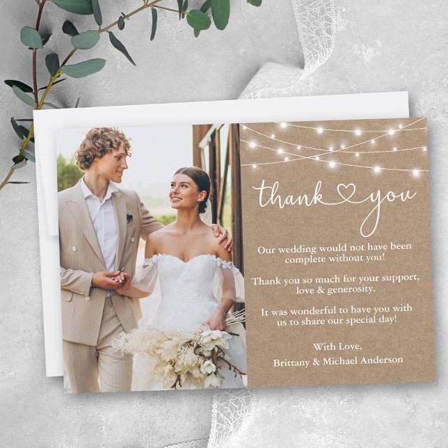 Carte De Remerciements Calligraphie Lumières du coeur Mariage Photo Kraft (Customize to add more text or photos to back of card.)
