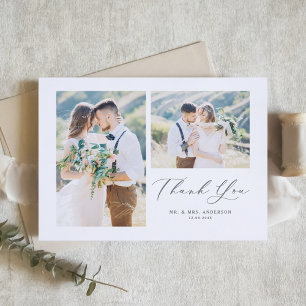 Carte De Remerciements Calligraphie lunaire Gris Photo Collage Mariage