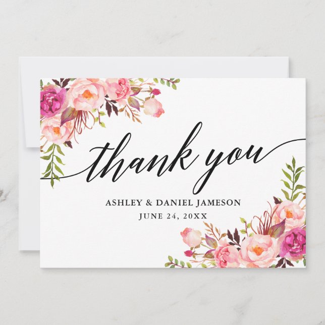 Carte De Remerciements Calligraphie Mariage floral rose (Devant)