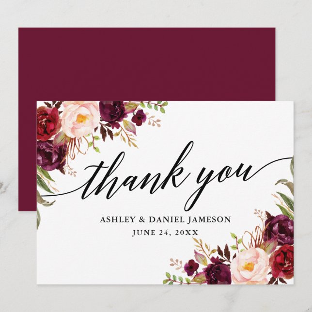 Carte De Remerciements Calligraphie mariage l Bourgogne Floral (Devant / Derrière)