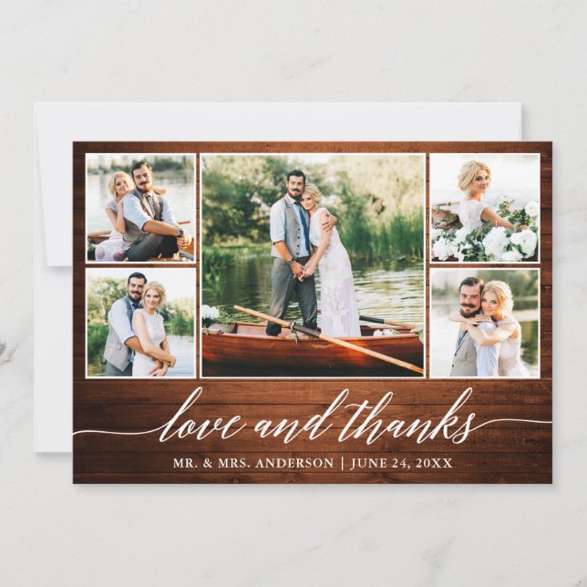 Carte De Remerciements Calligraphie Mariage Wood Love Thanks 5 Photo (Devant)