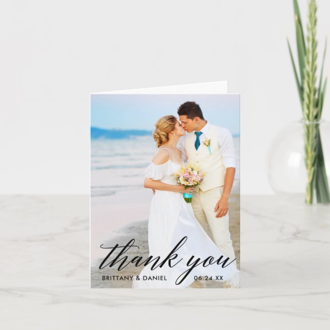 Carte De Remerciements Calligraphie Mariée Groom Mariage Photo Note B (Devant)