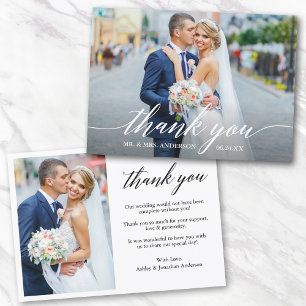 Carte De Remerciements Calligraphie moderne 2 Mariage photo Groom mariée