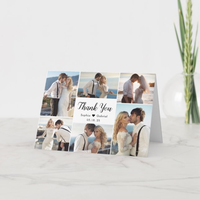 Carte De Remerciements Calligraphie moderne 6 Photo Collage Coeur Mariage (Devant)