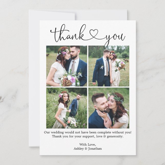 Carte De Remerciements Calligraphie moderne Coeur 4 Photo Collage Mariage (Devant)