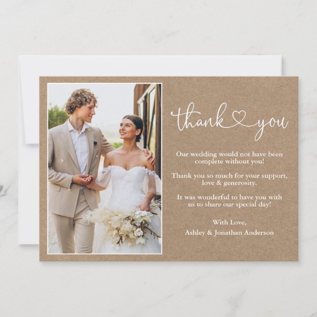 Carte De Remerciements Calligraphie moderne Coeur Kraft Photo Mariage (Devant)