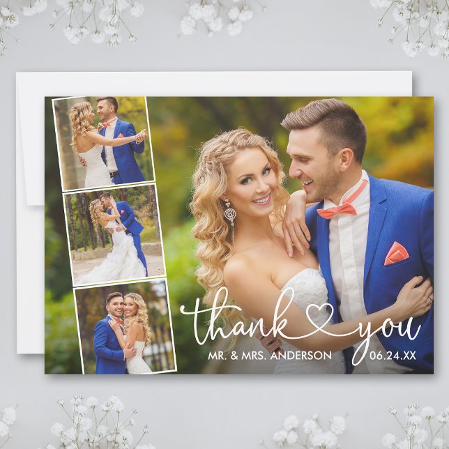 Carte De Remerciements Calligraphie moderne Coeur Mariage 4 Photo Collage (Customize to add text or more photos to back of card.)