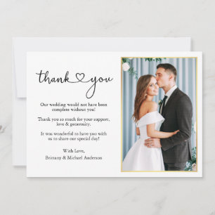 Carte De Remerciements Calligraphie moderne Coeur Mariage Gold Frame Phot