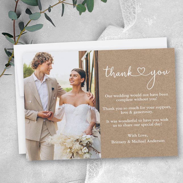 Carte De Remerciements Calligraphie moderne Coeur Mariage Photo Kraft (Customize to add more text or photos to back of card.)