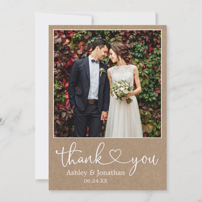 Carte De Remerciements Calligraphie moderne Coeur Photo Mariage Kraft (Devant)