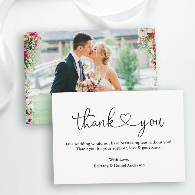 Carte De Remerciements Calligraphie moderne Coeur Photo Mariage Note (Customize to change your personalized text size or text style.)