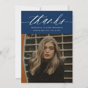 Carte De Remerciements Calligraphie moderne Deux photo Blue Graduation