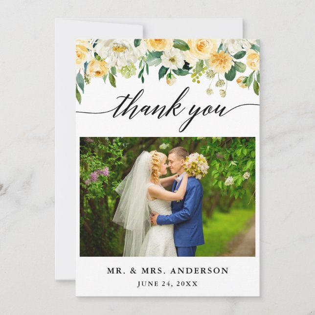 Carte De Remerciements Calligraphie moderne Jaune Floral Mariage Photo (Devant)