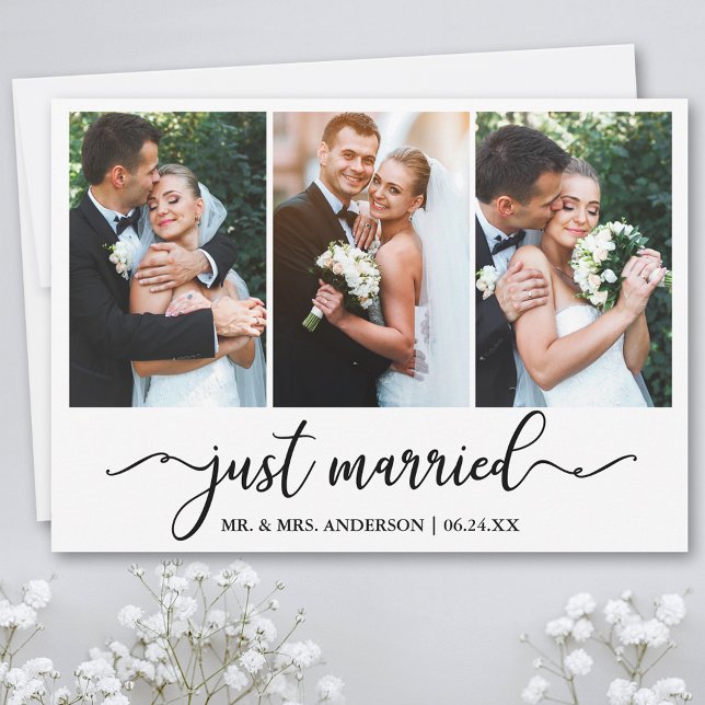 Carte De Remerciements Calligraphie moderne Juste Marié Mariage 3 Photo (Customize to add text or more photos to back of card.)