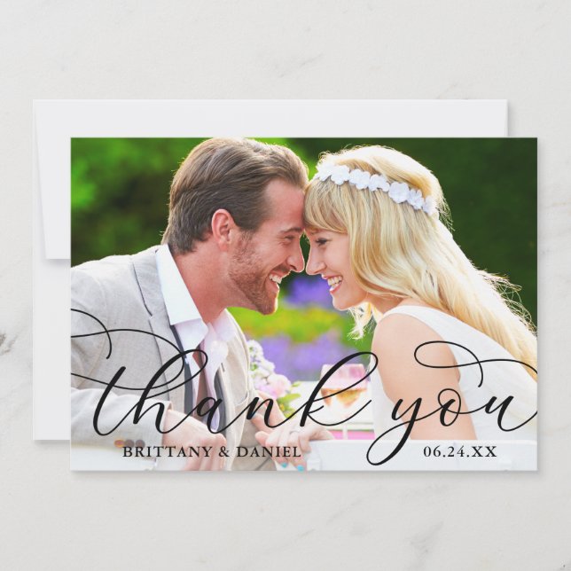Carte De Remerciements Calligraphie moderne Mariage Couple Photo (Devant)