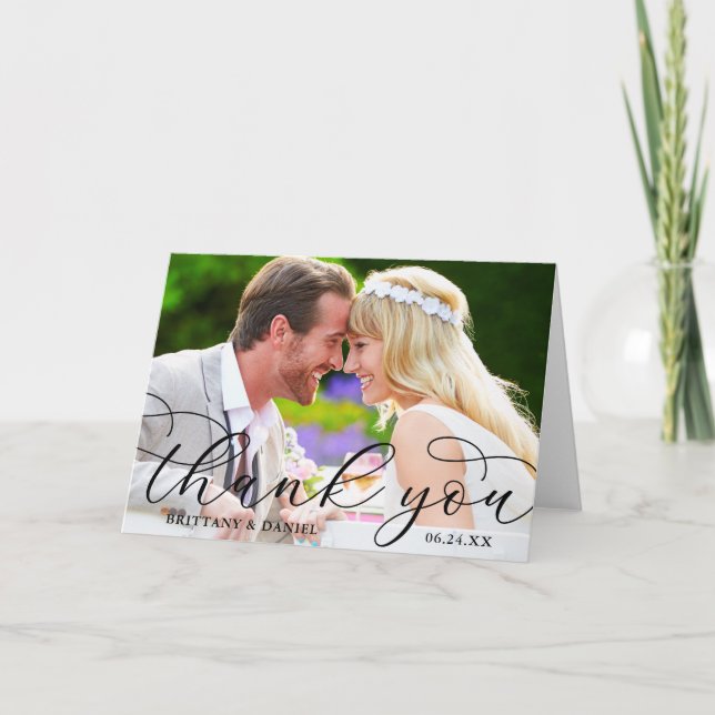 Carte De Remerciements Calligraphie moderne Mariage Couple photo Plier (Devant)