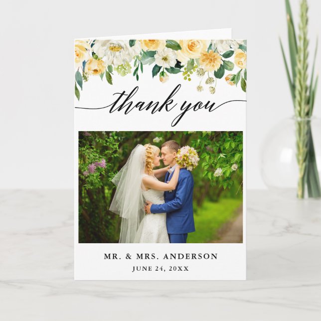 Carte De Remerciements Calligraphie moderne Mariage floral jaune plié (Devant)