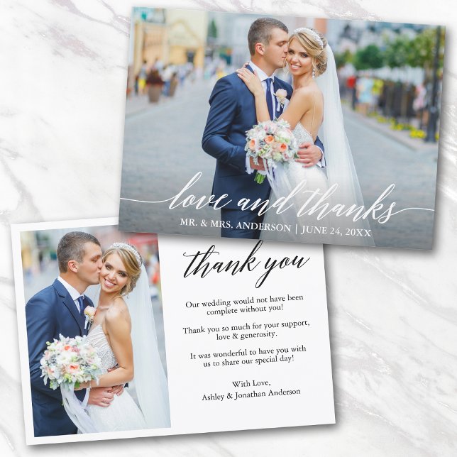 Carte De Remerciements Calligraphie moderne Mariage Love Thanks 2 Photo (Customize to change your personalized text size or text style.)