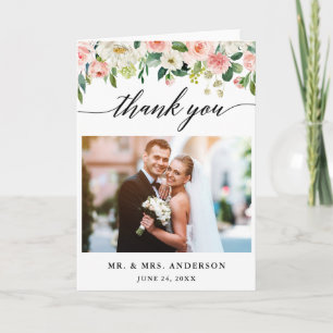 Carte De Remerciements Calligraphie moderne Mariage rose floral plié