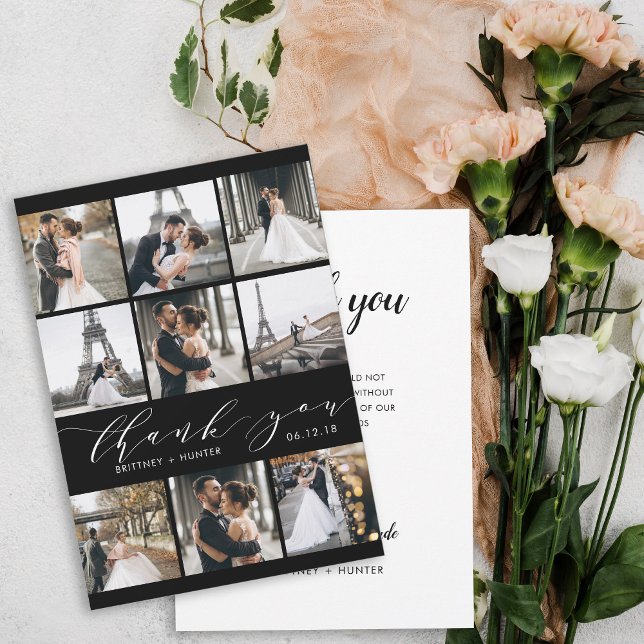 Carte De Remerciements Calligraphie moderne noir et blanc 9 Collage photo (Créateur téléchargé)