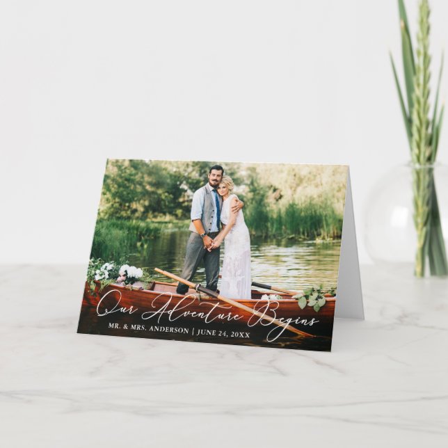 Carte De Remerciements Calligraphie Notre aventure commence Mariage Plier (Devant)