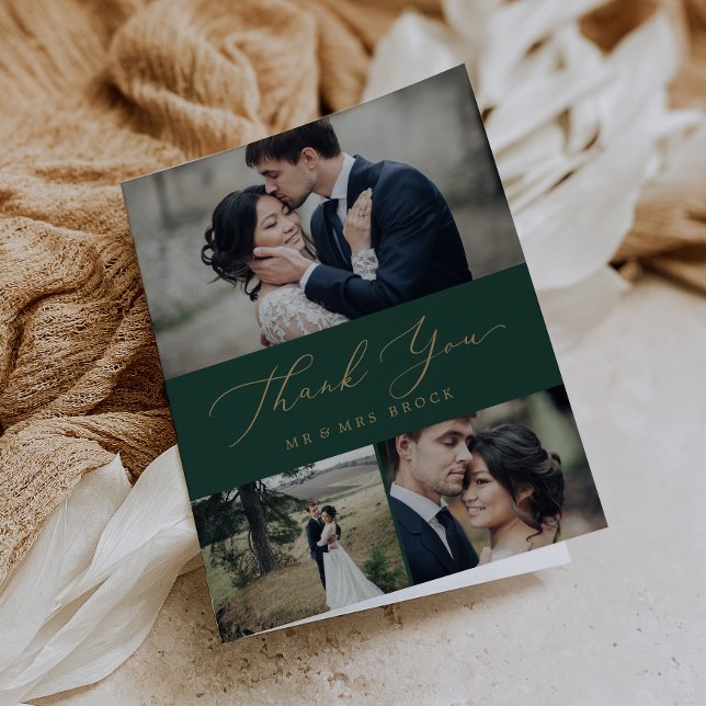 Carte De Remerciements Calligraphie Or Délicate | Green 3 Photo Collage (Créateur téléchargé)