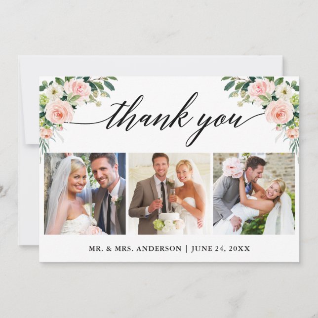 Carte De Remerciements Calligraphie Rose Blanc Floral Mariage 3 Photo (Devant)