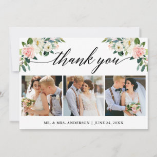 Carte De Remerciements Calligraphie Rose Blanc Floral Mariage 3 Photo