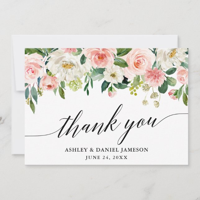 Carte De Remerciements Calligraphie rose blanc Mariage floral (Devant)