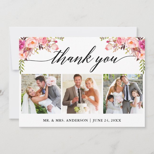 Carte De Remerciements Calligraphie Rose Floral Mariage 3 Photo (Devant)
