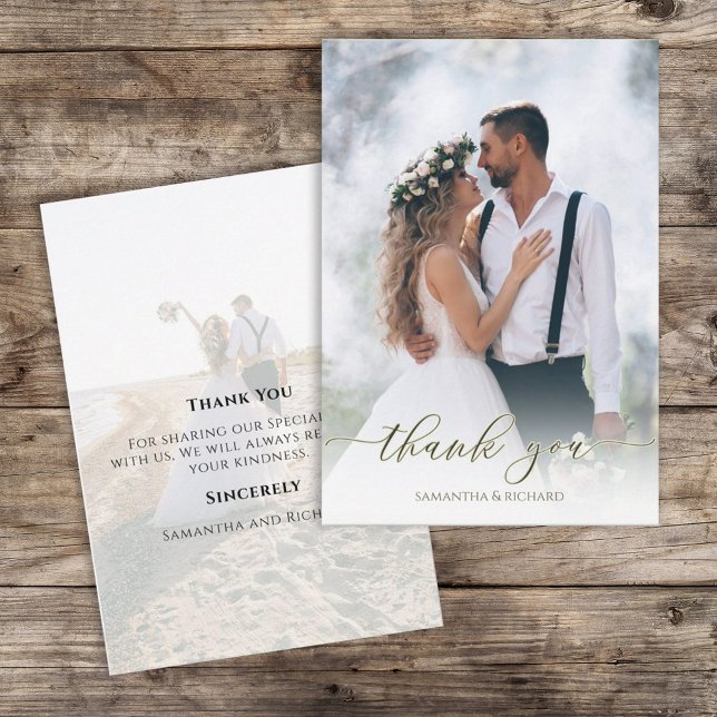 Carte De Remerciements Calligraphie Script Moderne Simple Deux Photo Élég (Simple wedding thank you card with a two-photo template. )