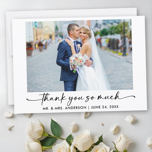Carte De Remerciements Calligraphie Stylo encre Script Photo Mariage Merc (Customize to add text to back of card.)