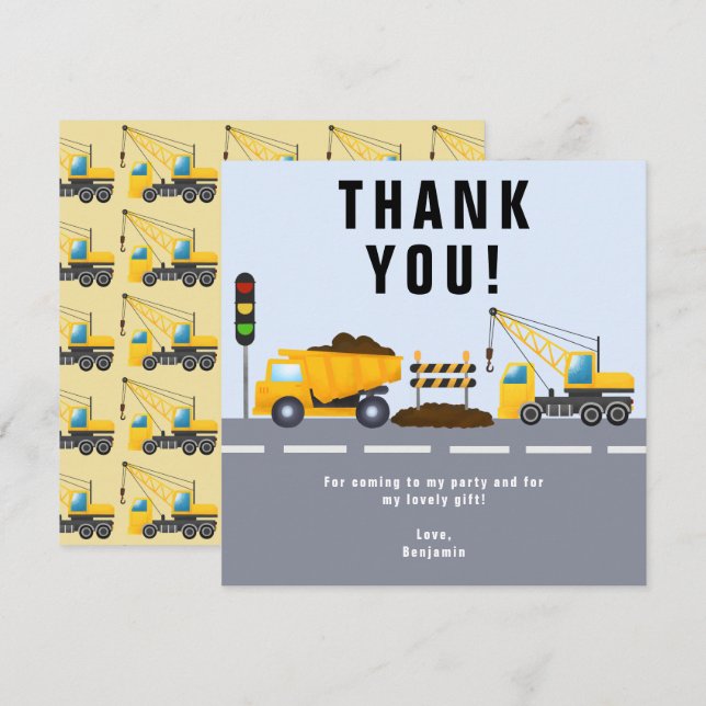 Carte De Remerciements Camion de construction pour la fête d'anniversaire (Devant / Derrière)
