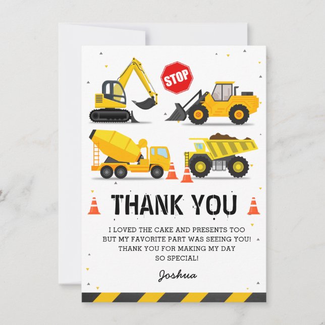 Carte De Remerciements Camions à thème de construction pour l'anniversair (Devant)