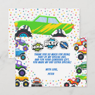 Carte De Remerciements camions monstres anniversaire enfants klaxon bip v
