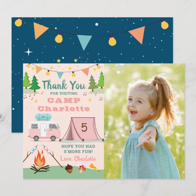 Carte De Remerciements Camping Filles Anniversaire Camp Party Photo (Devant / Derrière)