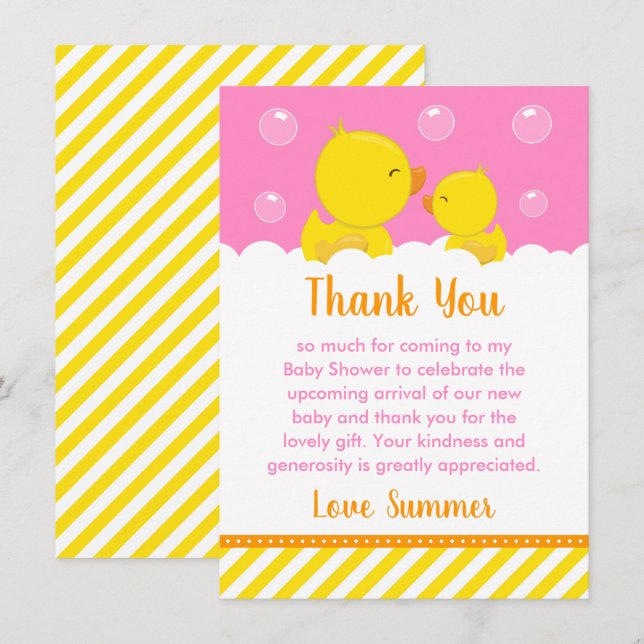 Carte De Remerciements Caoutchouc Baby shower jaune et rose (Devant / Derrière)