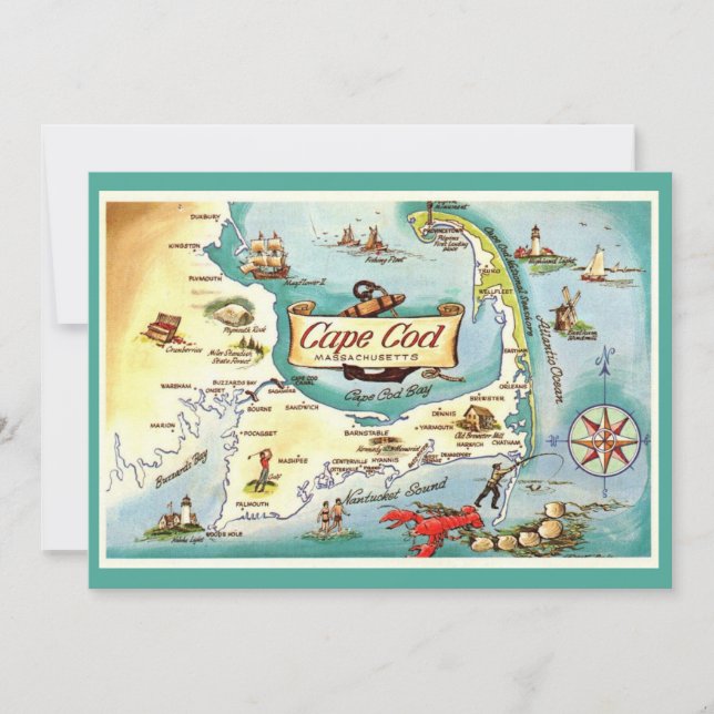 Carte De Remerciements Cape Cod MA 5x7 Map Postcard (Devant)