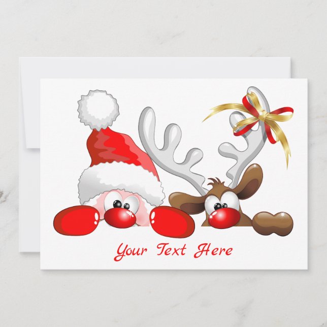 Carte De Remerciements Caricature amusante de Père Noël et Reinder (Devant)