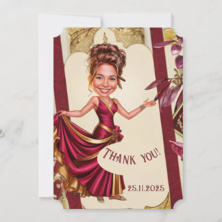 Carte De Remerciements Caricature personnalisée Sweet 16 or et rouge rubi