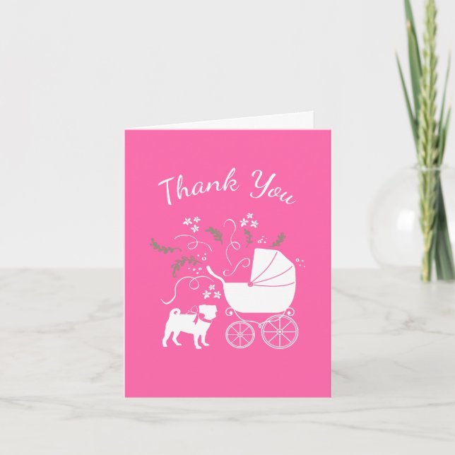 Carte De Remerciements Carlin chien Baby shower fille rose avec la mâchoi (Devant)